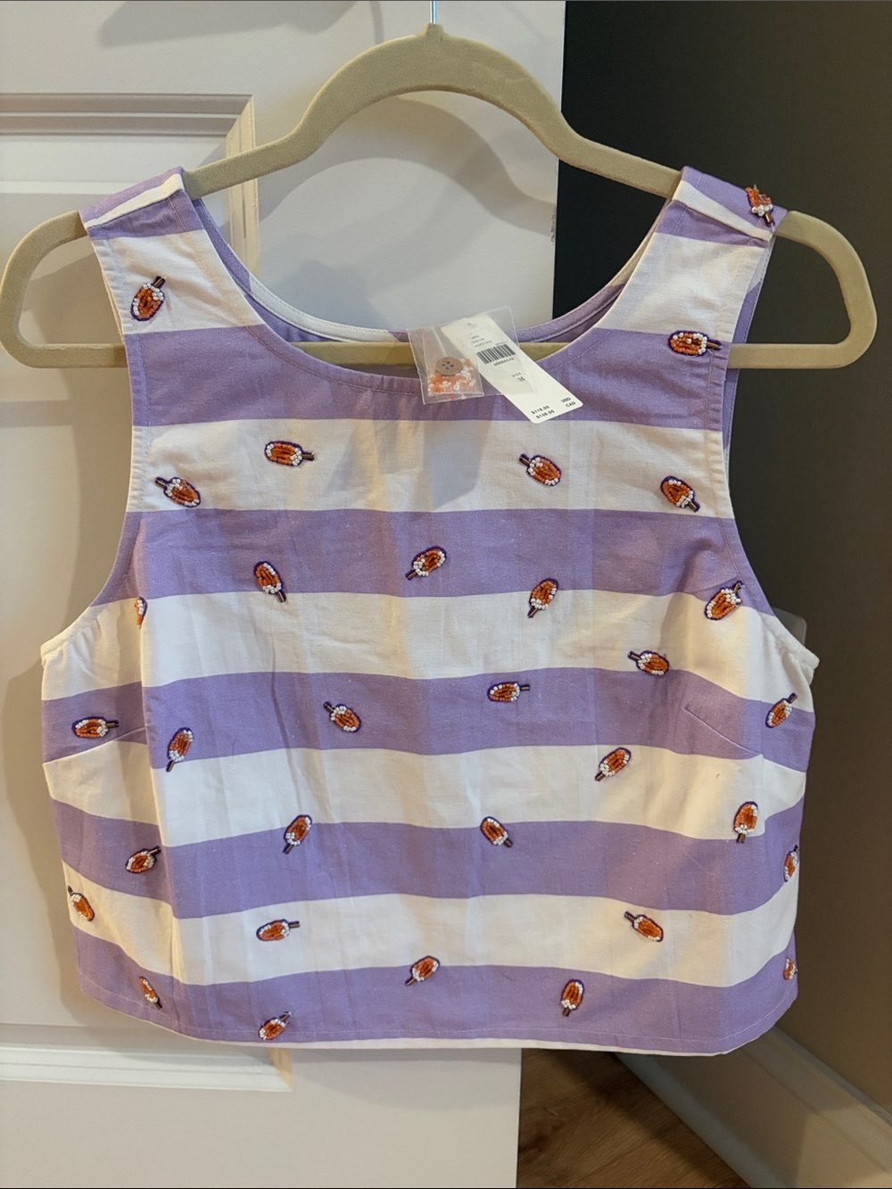 Anthropologie Lavender & White Striped Embroidered Tank